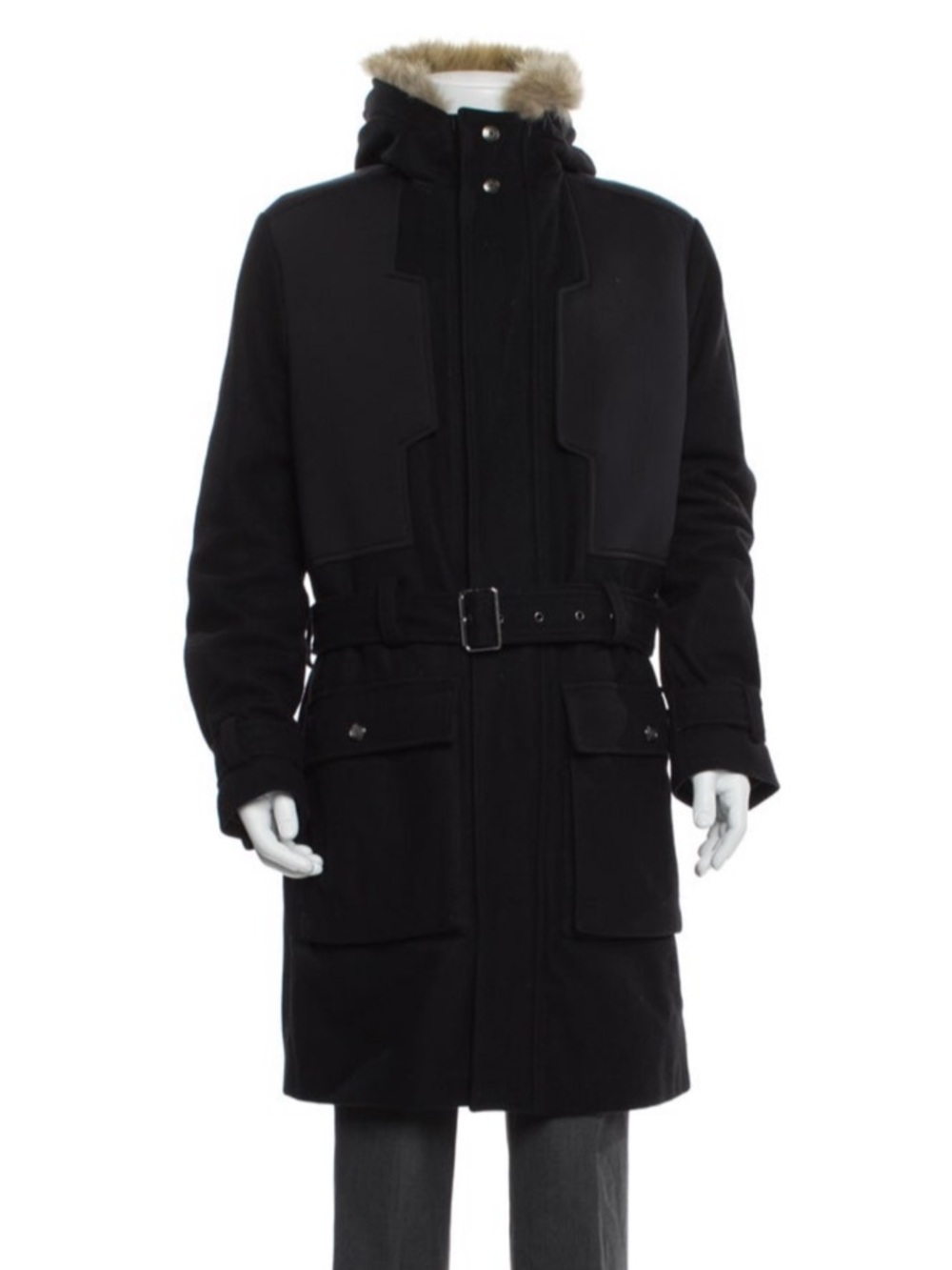 Versace Jeans Collection Black Parka with Fur-Trim Hood and Belt